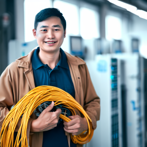 Data cabling technician holding network cables